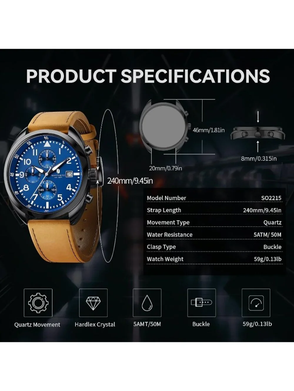 Men's Black/Blue Numeral Dial Leather Strap Analog Quartz Elegant Wrist Watch